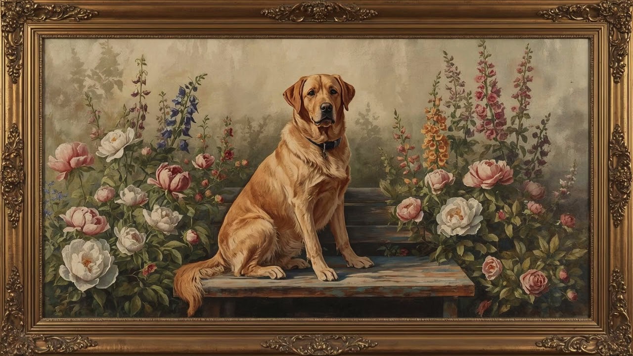 Vintage Golden Labrador Painting | Gold Frame TV Art | Art Screensaver for TV 2Hrs 4K | Floral Art