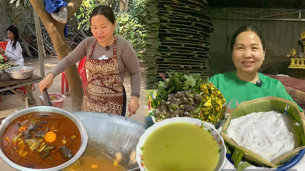 Authentic Khmer Village Cooking | Curry and Som lor Bro Haer Khmer with Rice Noodles |Cambodian Food