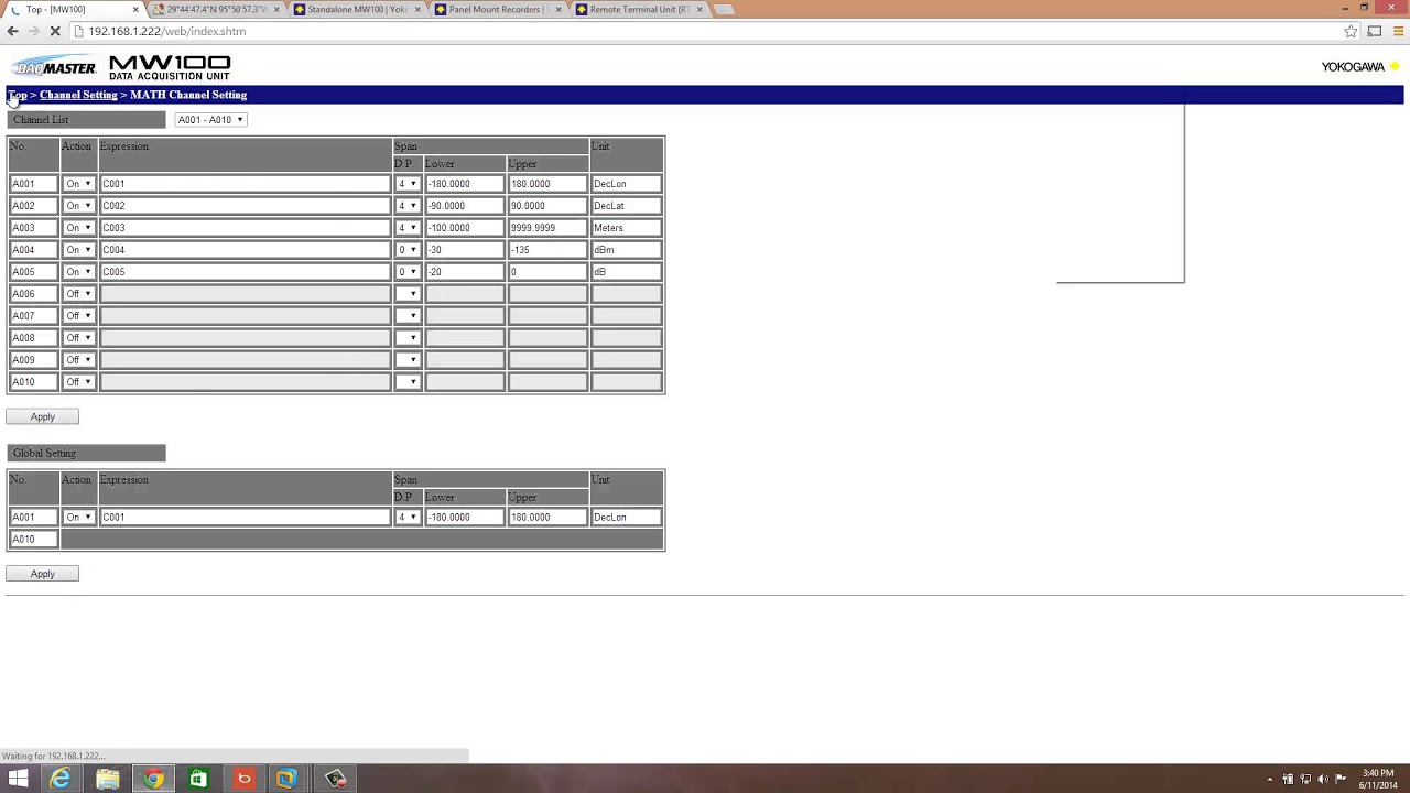 Yokogawa Data Acquisition and Control with GPS Information via Modbus