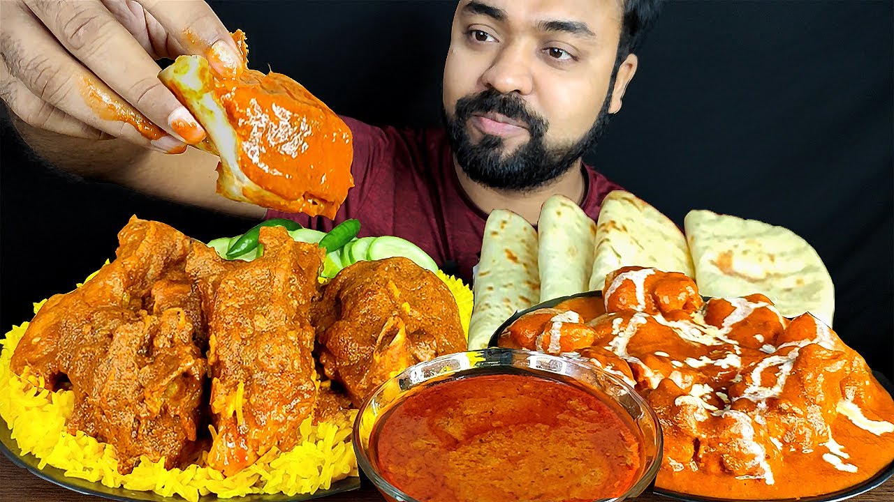 SPICY MUTTON CURRY, BUTTER CHICKEN, BASANTI PULAO, NAAN, SALAD MUKBANG ASMR EATING SHOW | BIG BITES