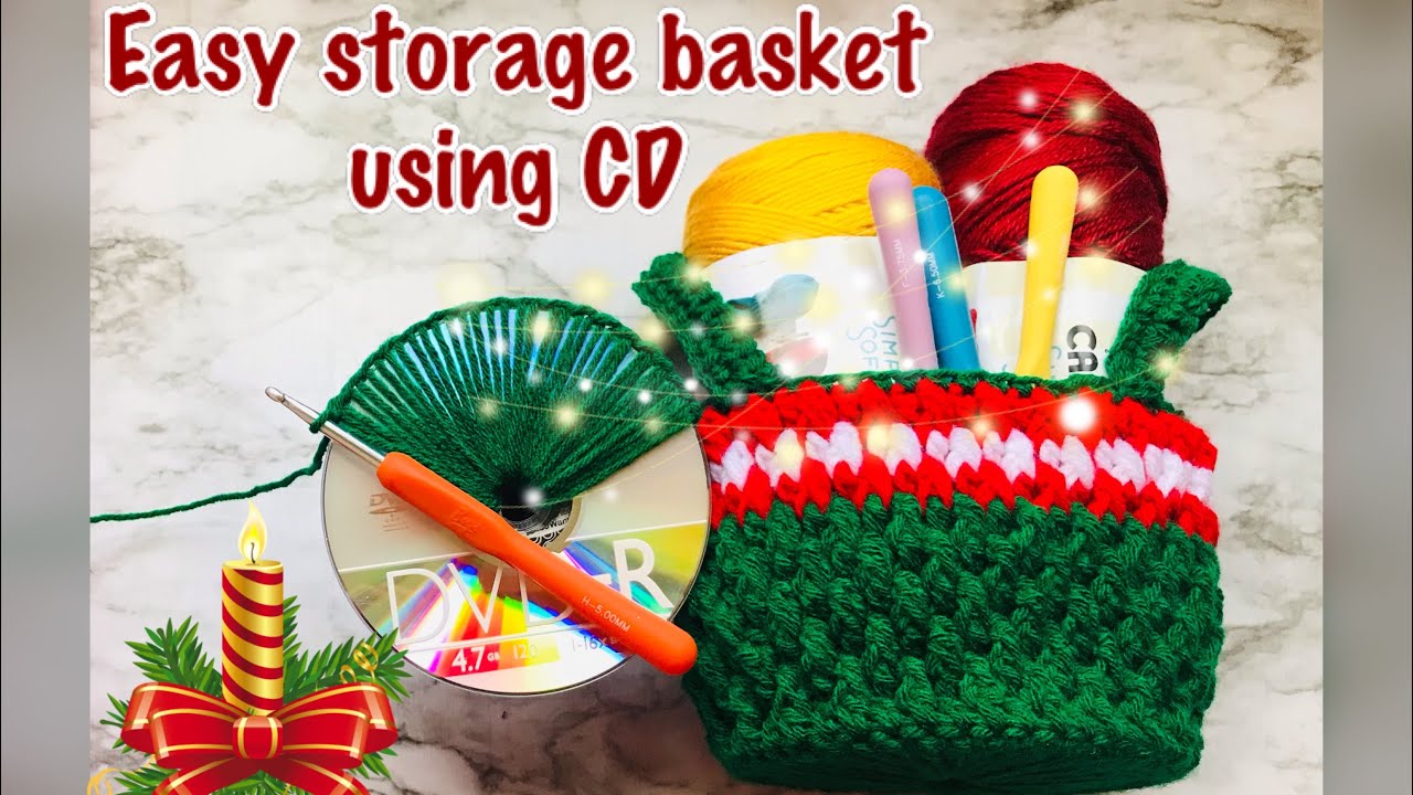 Easy crochet storage basket tutorial using CD #crochet #crochettutorial #christmas #veryeasydecor