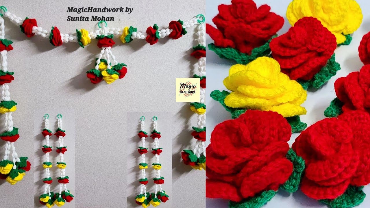 🌹मंदिर के लिए गुलाब फूल, How To make Rose Flower, Flower door hanging, Crochet Woolen Rose flower