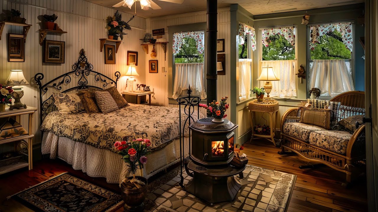 🔴Relaxing Rain Ambience | Sleeping in a Cozy Log Cabin with Warm Fireplace & Soothing Rain Sounds