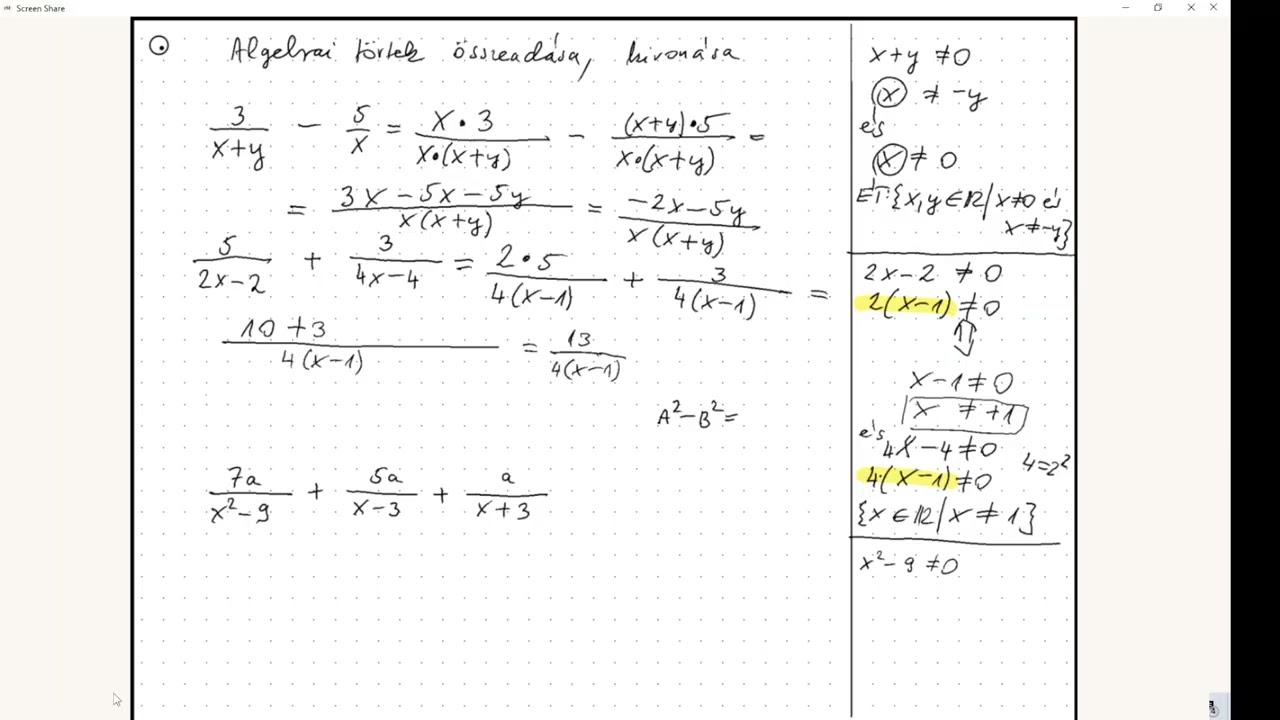 Algebrai törtek 05 - összeadás, kivonás III.