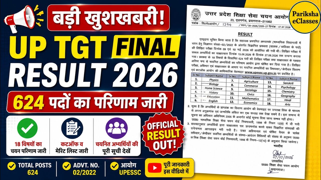 UPESSC TGT Result 2026 Out l 18 Subjects & 624 Posts Final Result l UP PGT Merit List & Cut Off Out