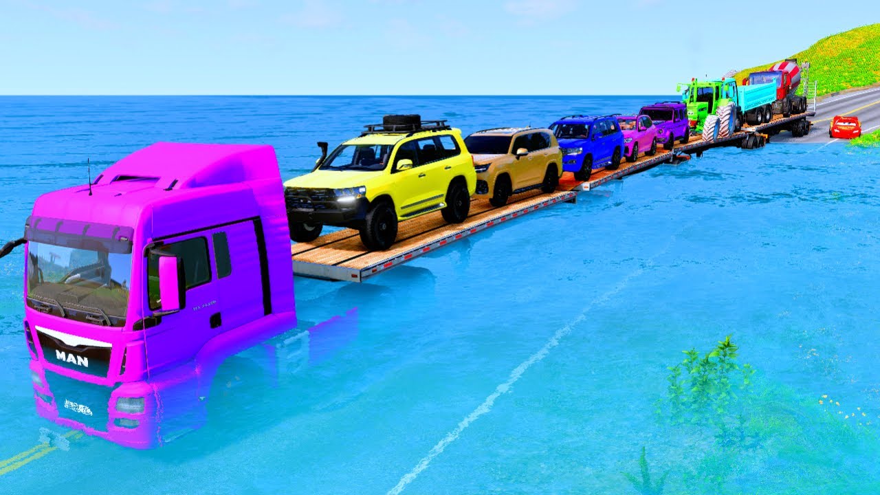 Triple Flatbed Trailer McQueen Transportation with Truck   Speedbumps vs Cars vs Train BeamNG #16
