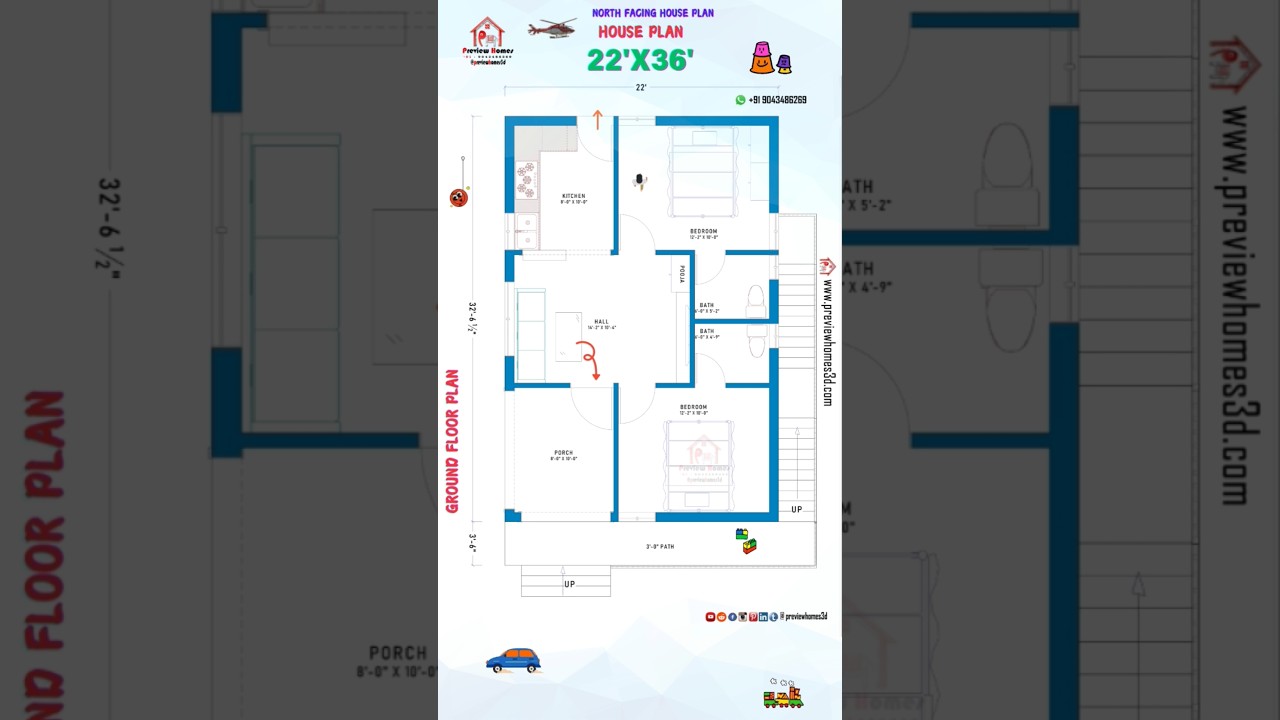 800 Sqft North Facing 2BHK House Plan | 22x36 Vastu Design 🏡 #Shorts