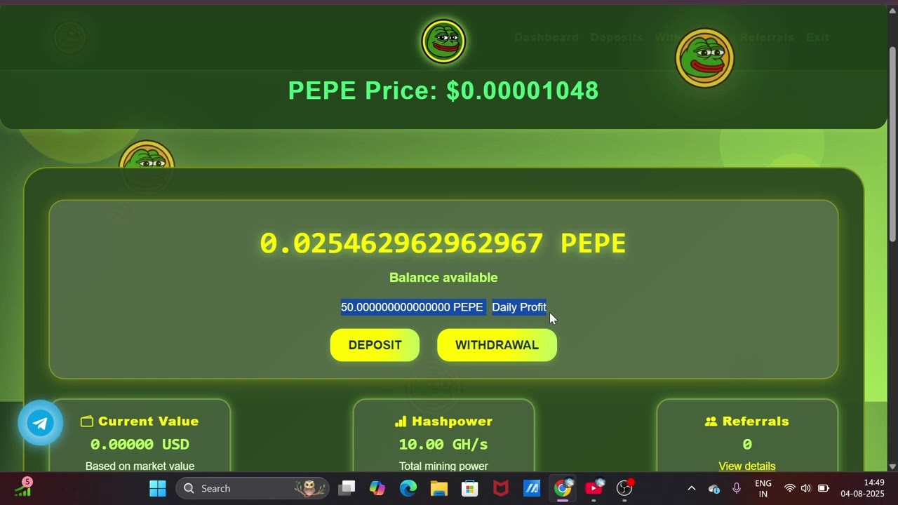 Get PEPE Coin FREE 🐸💰 Mining Bot Works 24/7 | No Investment
