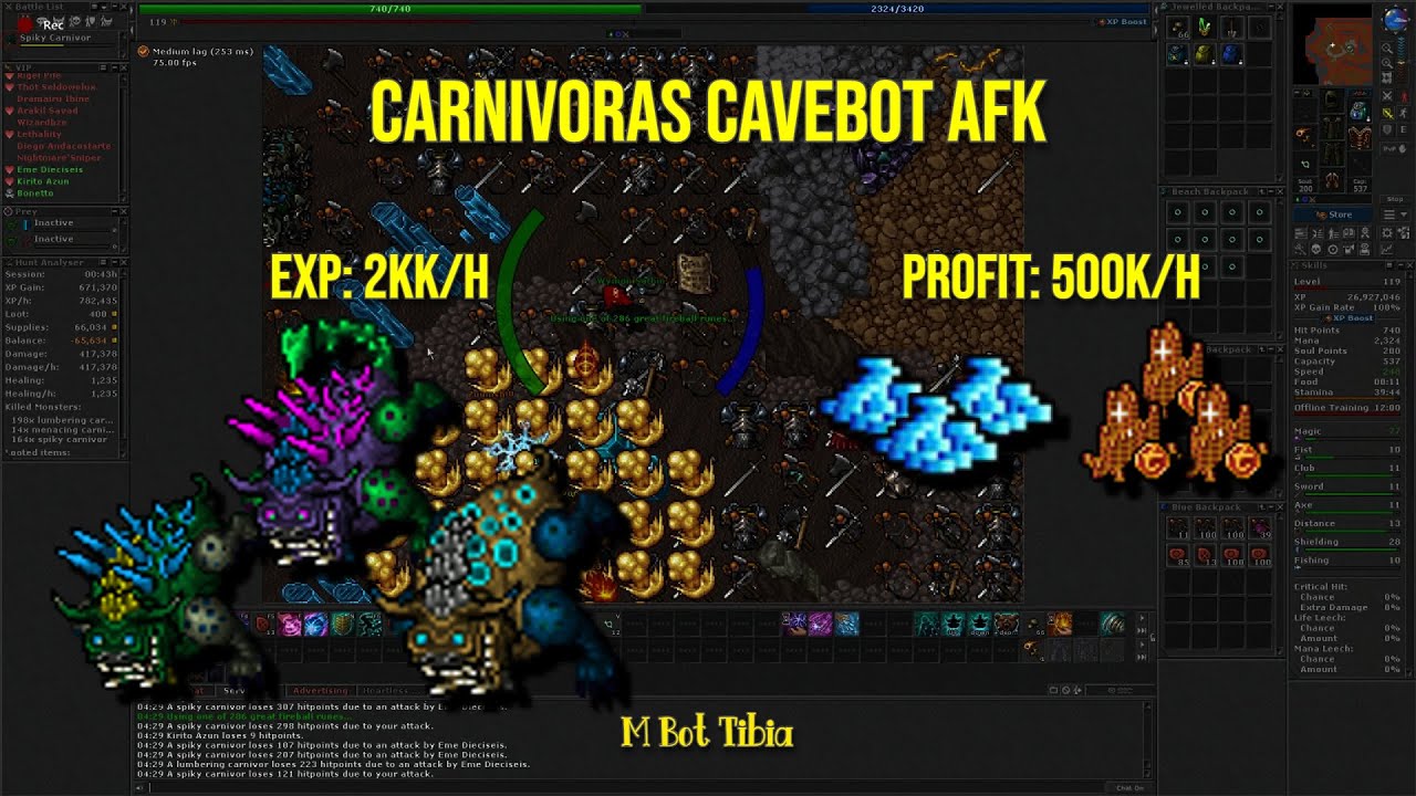 2025 M Bot Tibia Global LVL 250+ EK RP Carnivoras Cavebot 2kk exp hora 450k Profit Tibia Global 2024