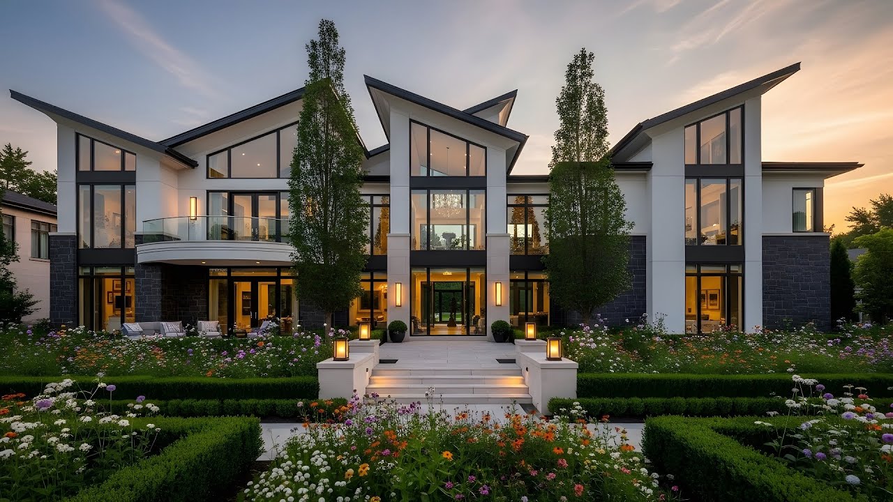 Luxury Modern Mansion | Elegant Symmetry, Glass Facade & Sunset Garden 🌿