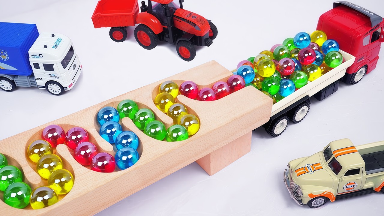 Marble Run Race ☆ HABA Slope&Retro Makita Truck, Excavator, Garbage Truck, Dump Truck,Ambulances#124