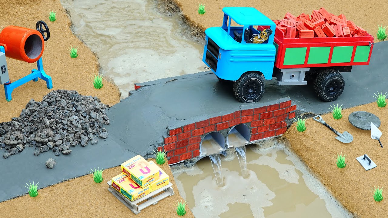 DIY mini truck project, construction vehicle and science project concrete and brick bridge