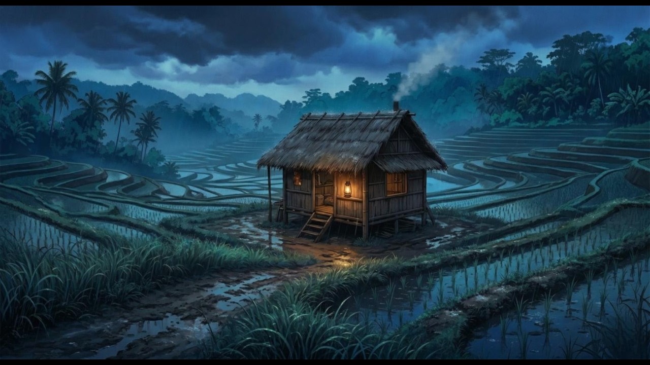 Rainy Bali Night | 1 Hour Nature White Noise & Artsy Illustration for Relaxation