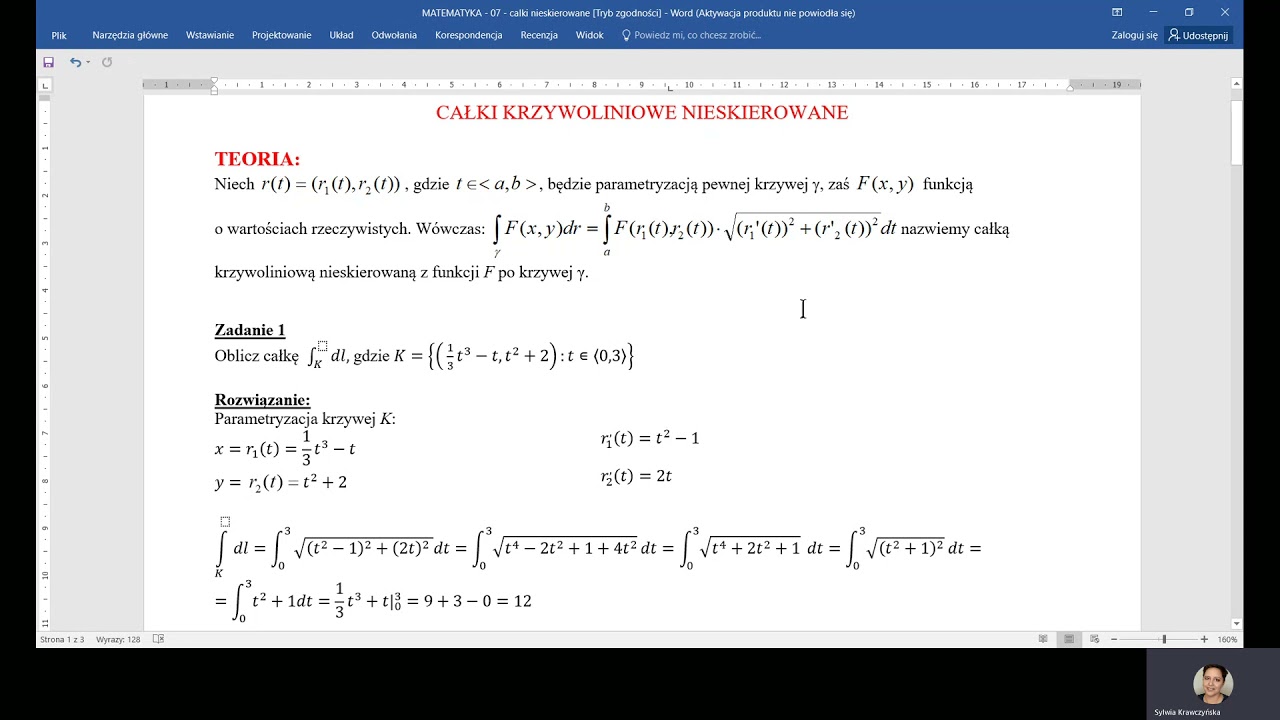 Całki krzywoliniowe 02b  - przykład rozwiązania całki krzywoliniowej nieskierowanej
