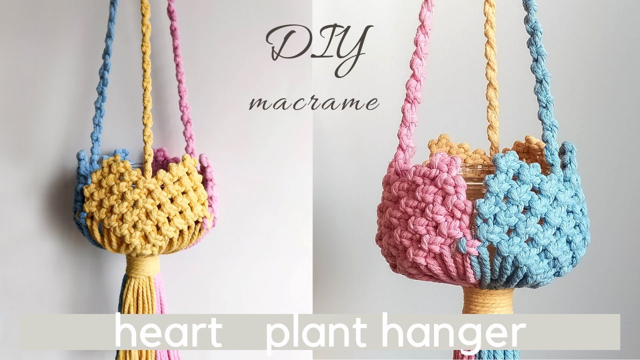 DIY macrame heart plant hanger, one knot easy pattern for beginners, indoor plants, boho home decor