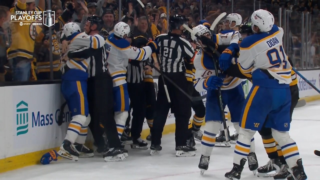 Boston Bruins vs Buffalo Sabres Scrum, Nikita Zadorov Receives Game Misconduct
