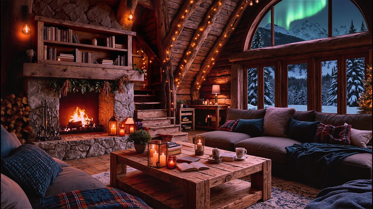 Smooth Fireplace Jazz ❄️ Cozy Winter Cabin under Northern Lights  Jazz Relaxing Music, Dreamy