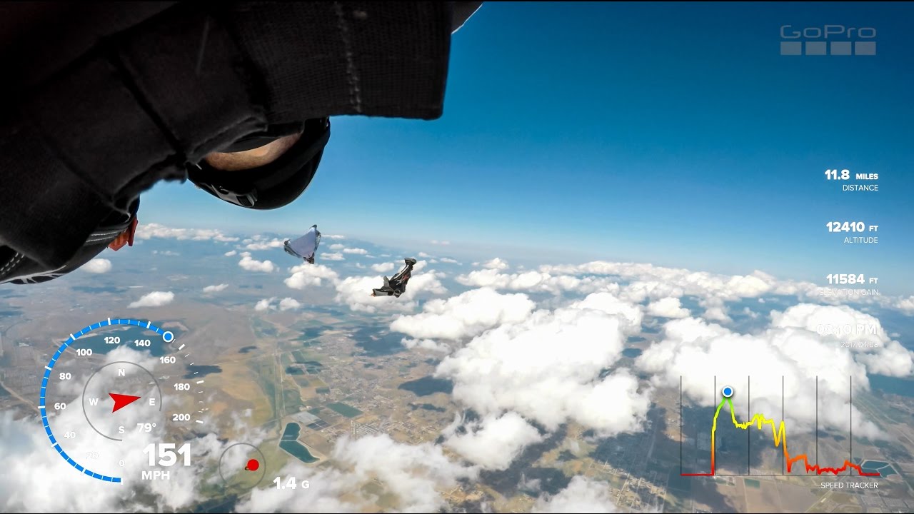 Flying wing-suit clouds 4k GPS