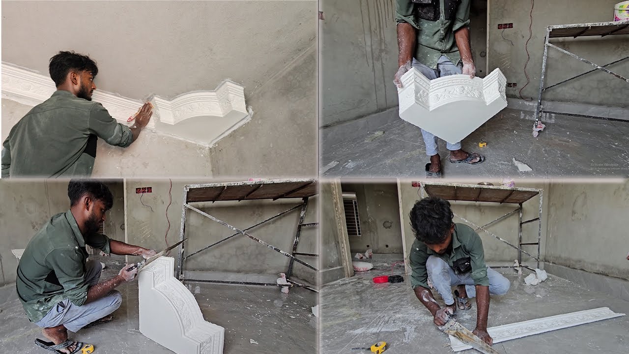 How to cut an fitting cornice corner gypsum plaster Design on living room | Nova Gypsum Decoration