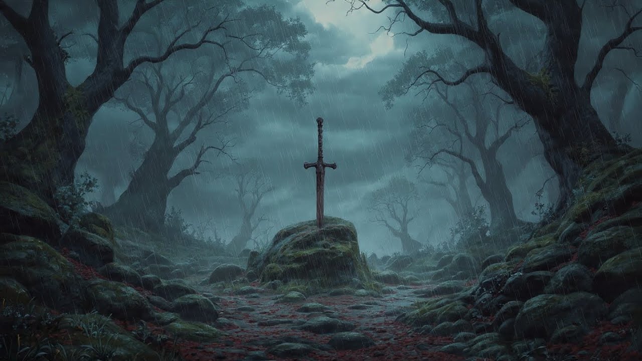 Dark Fantasy Forest Rain with Distant Medieval Sword Sounds