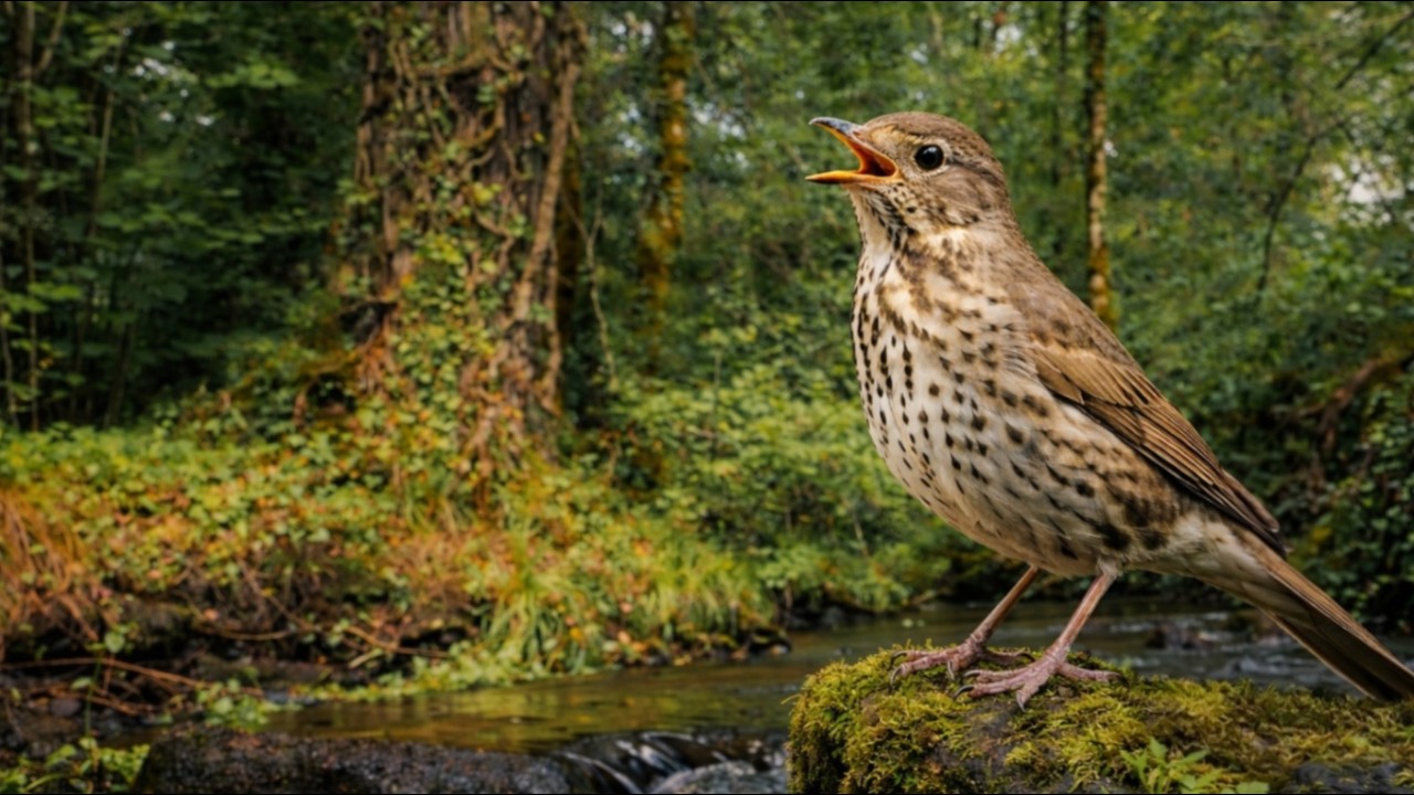Song Thrush Singing by a Forest Stream &mdash; Pure Birdsong & Natural Woodland Sounds 3 Hours