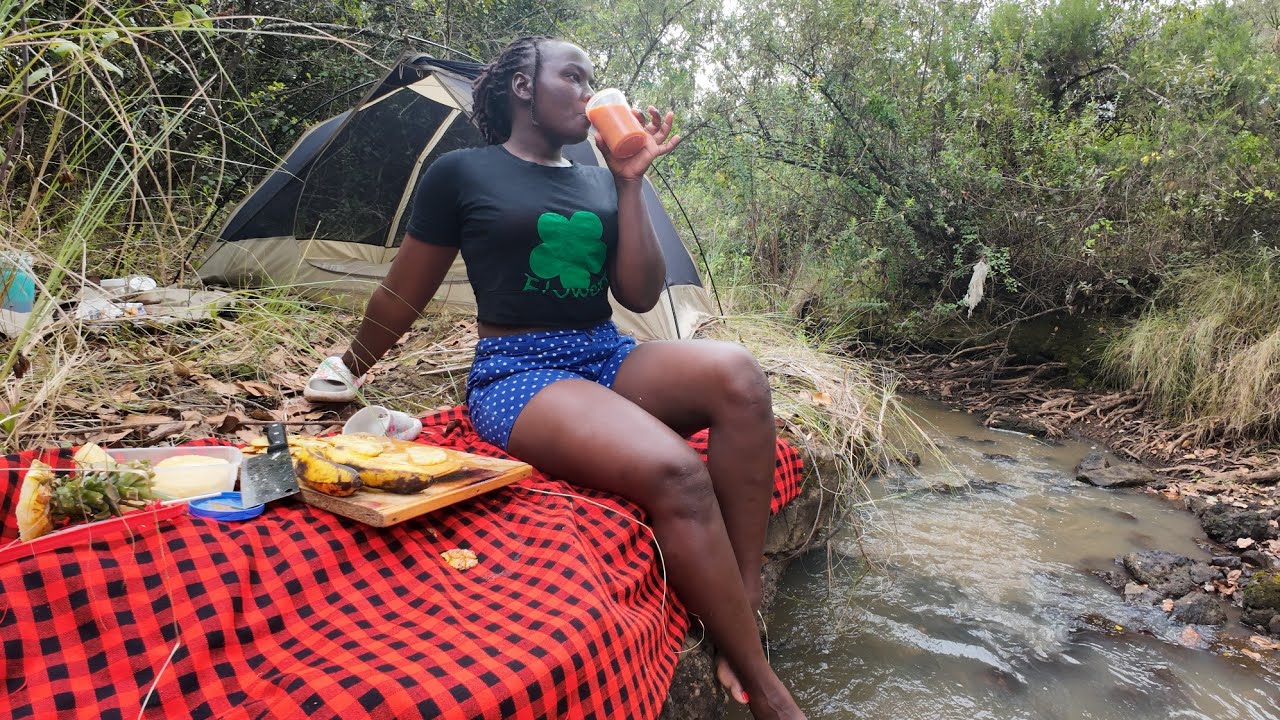 Girl Camping Alone By The Stream & Relaxing#campingsounds #food#asmr