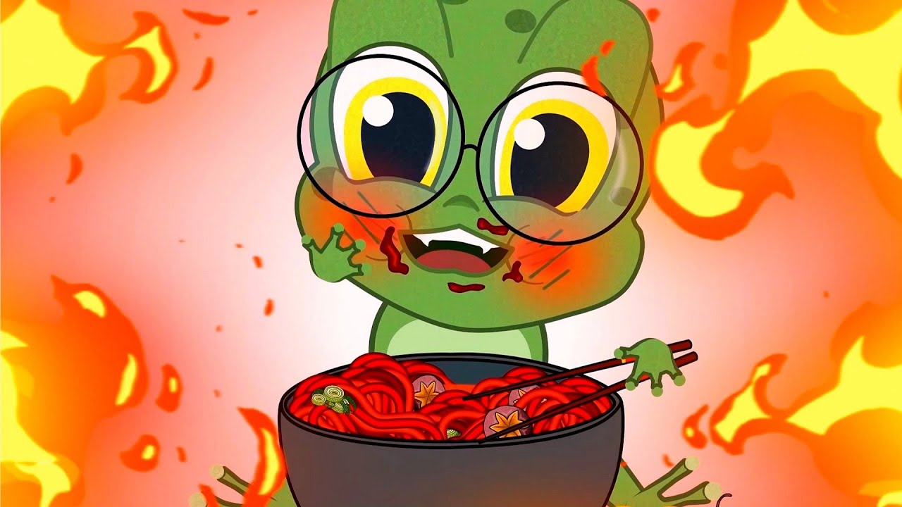 Funny mukbang animation 😅 A cute little frog Kvaka eating spicy noodles #mukbang #animation #먹방