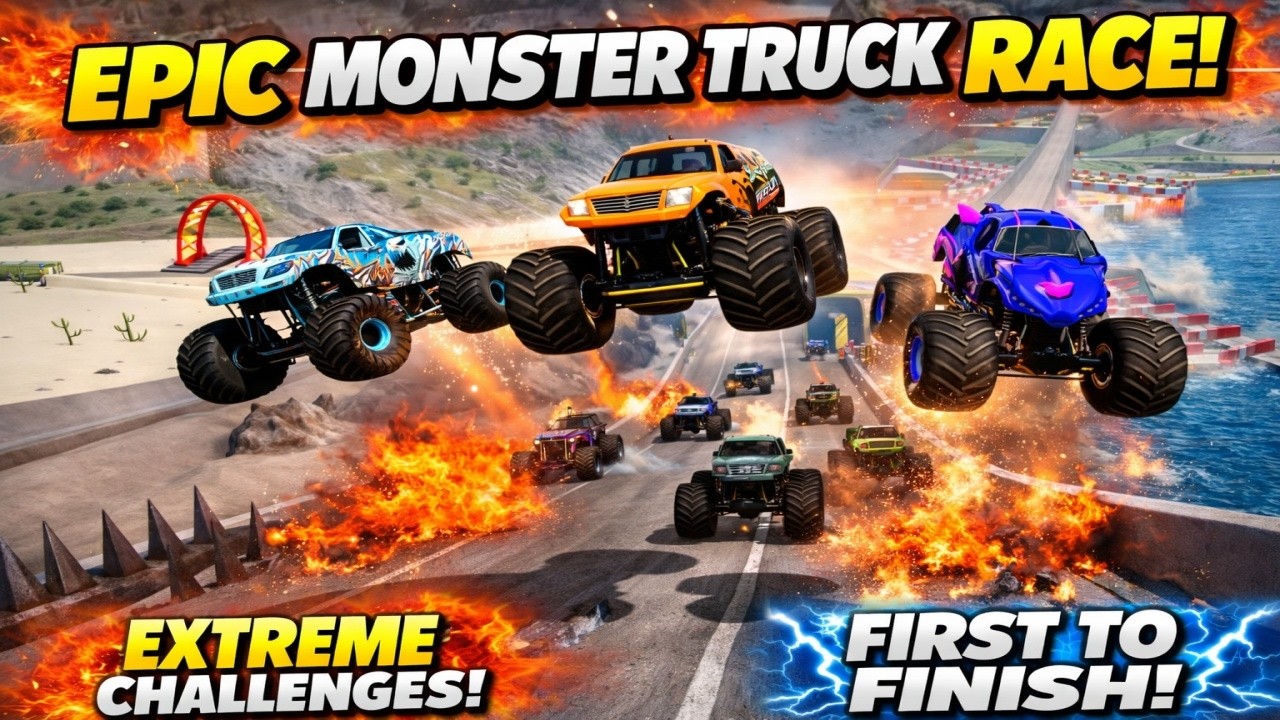 Epic Monster Truck Race Jumps & Crashes - BeamNG drive