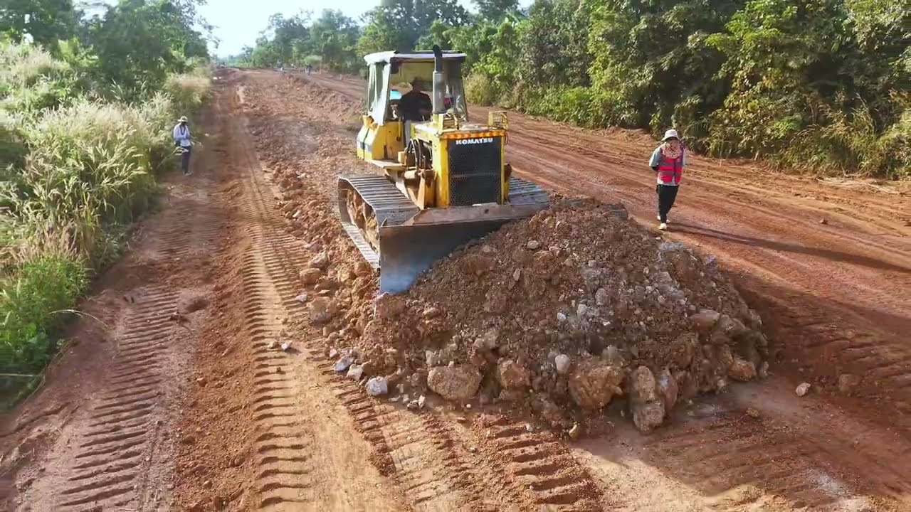 Perfect Road Base! Dump Trucks Unload Rocks While Komatsu Bulldozer Levels New Rural Road