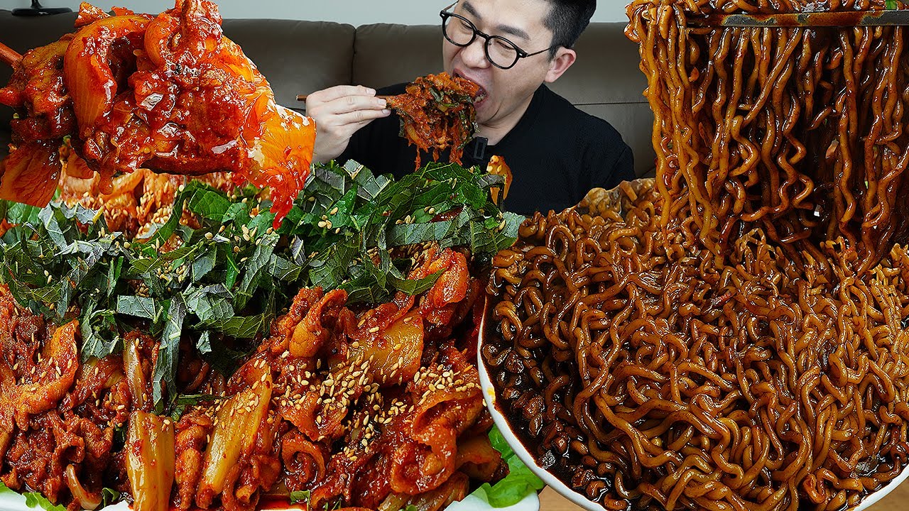 ASMR MUKBANGㅣBlack Bean Noodles & Spicy Stir-fried Thin Pork BellyㅣEATING SHOW