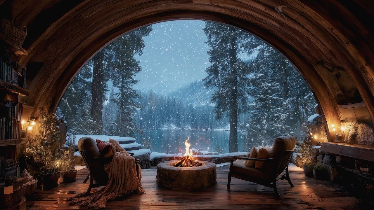 Cozy Snowy Night Ambience ❄️ Warm Jazz & Fireplace Sounds for Sleep, Study, Relax