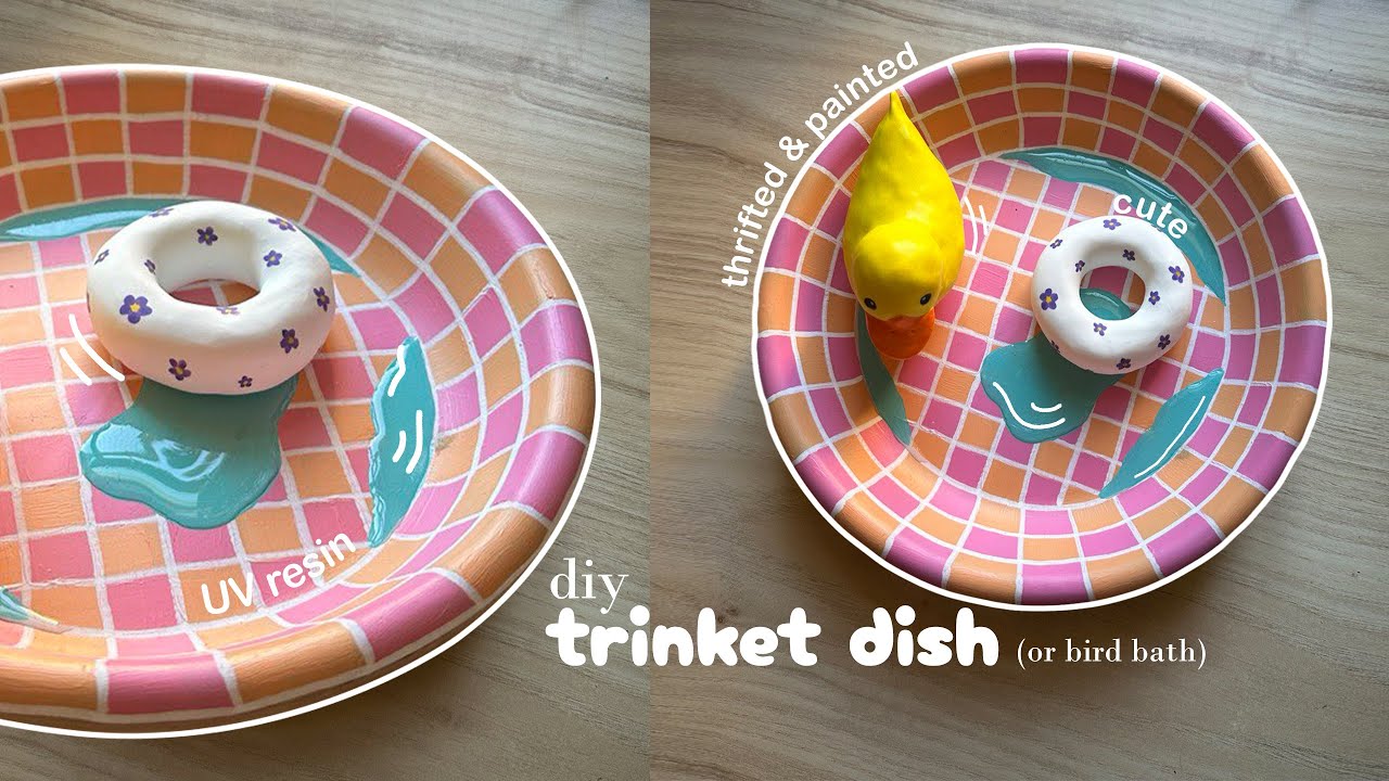 cute swimming pool trinket dish 🌸 🌊 with polymer clay & UV resin 🐤 DIY bird bath