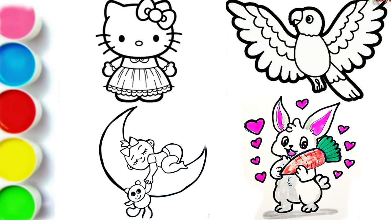Конкурс раскрасок с 4 милыми рисунками 🎨 | Зайчик, попугай, Hello Kitty и малыш