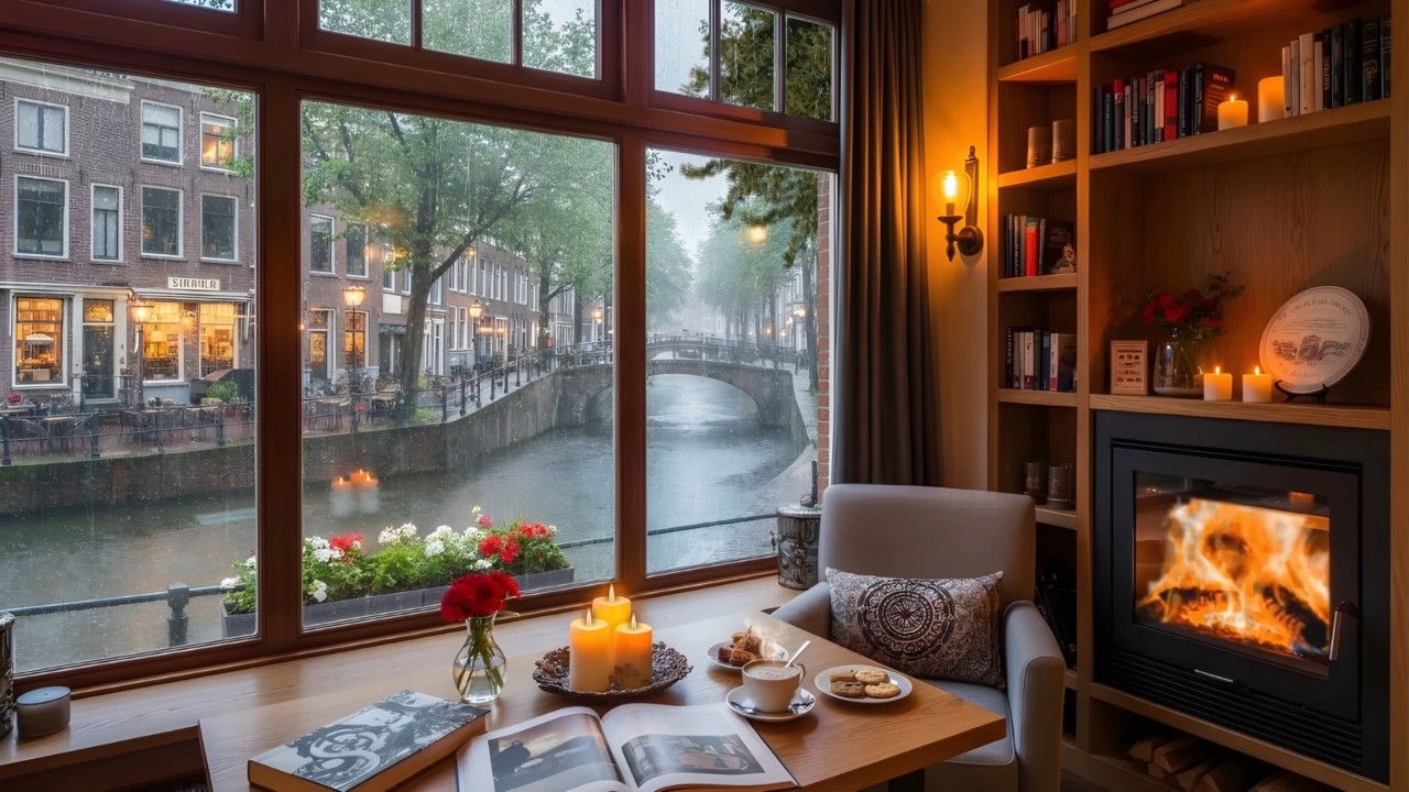 Cozy Rainy Canal Café Jazz☕🌧️ | Warm Fireplace & Smooth Jazz Music for Study, Work & Relax