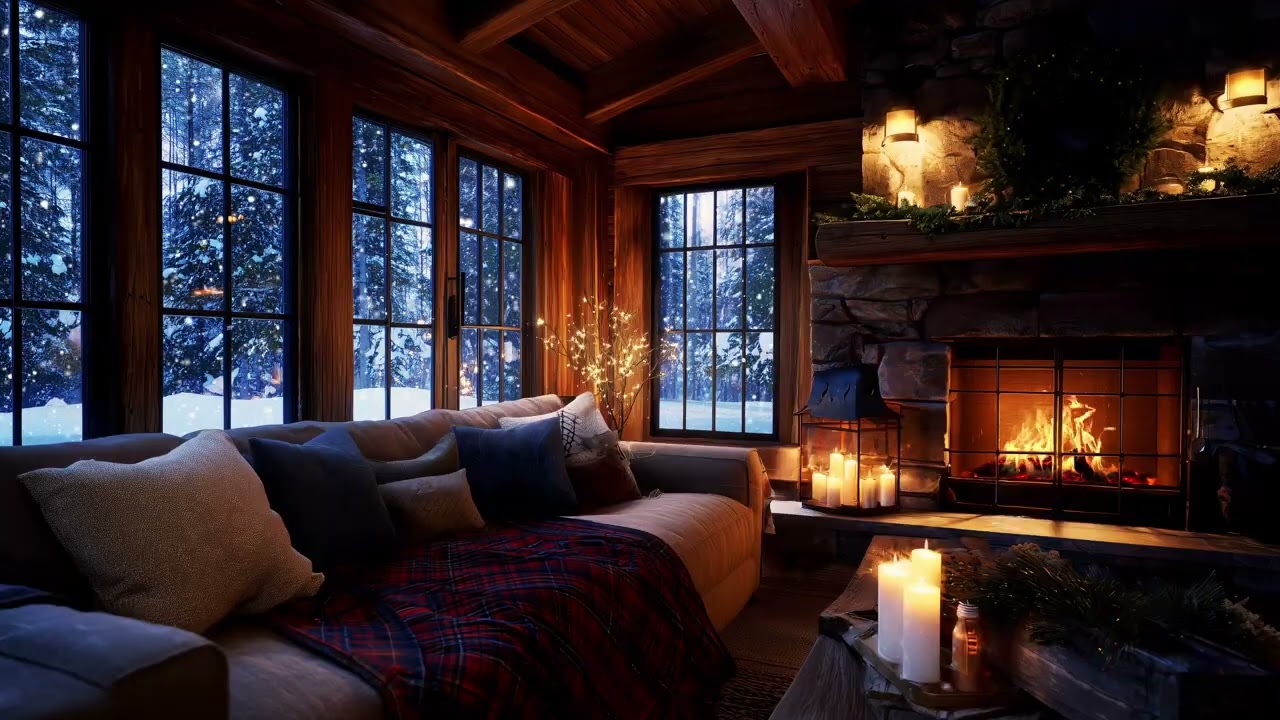 Cozy Winter Fireplace Jazz | Quiet Cabin Evening | Warm Ambience 4K
