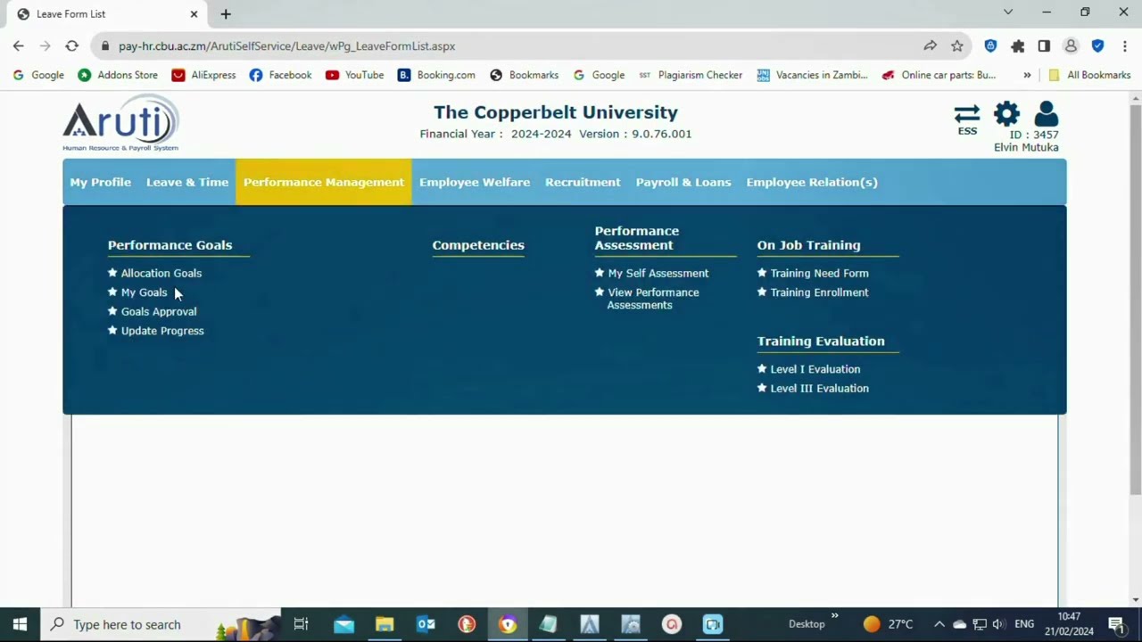 Copperbelt University Aruti HR System Leave Application Procedure
