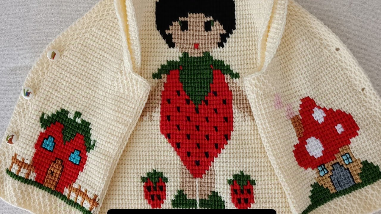 TUNUSİŞİ ÇİLEK BEBEK YELEĞİ 2 YAŞ PART.1🍓#örgü #elemeği #crochet #tunusisi #knitting #keşfet