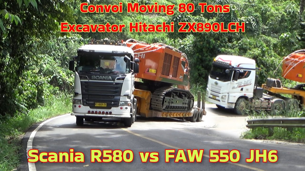 Scania R580 & FAW 550 Muatan Ekskavator Hitachi ZX890LCH 80 Ton Lewati Jalan Sempit yang Ekstrem