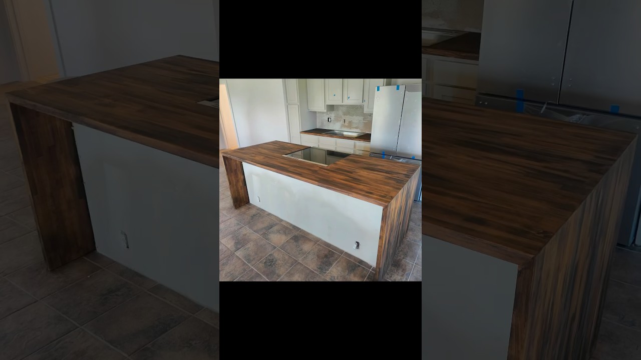 Waterfall island. #kitchen #kitchenisland #butcherblock #diy #WoodArt #countertops #dewalt