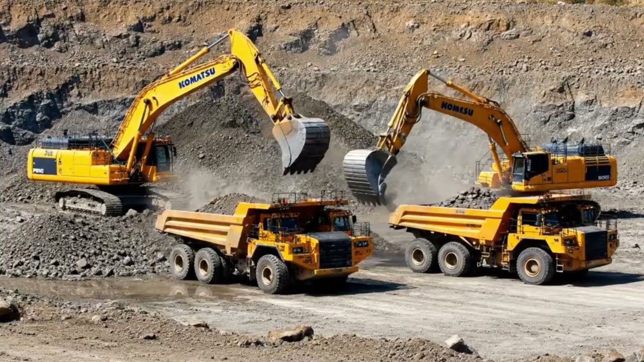 Komatsu PC1250 Excavator Loading Dump Trucks in Open Pit Iron Ore Mine