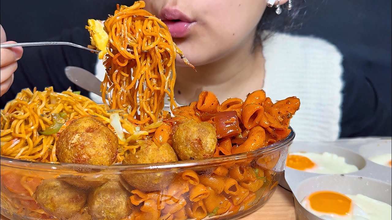 Eating masala macaroni, Singapore noodles, cheese balls, half fried eggs 🍳 🤤