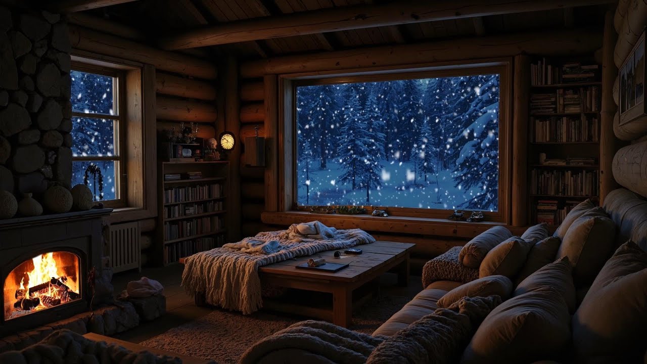 Winter Cabin at Night ❄️ | Cozy Fireplace Crackling, Snowstorm Ambience for Deep Sleep & Relaxation
