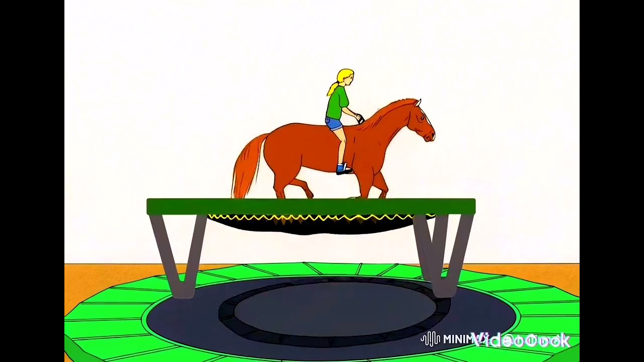 Girl Jumps On The Trampoline With Her Horse Exercising Horses