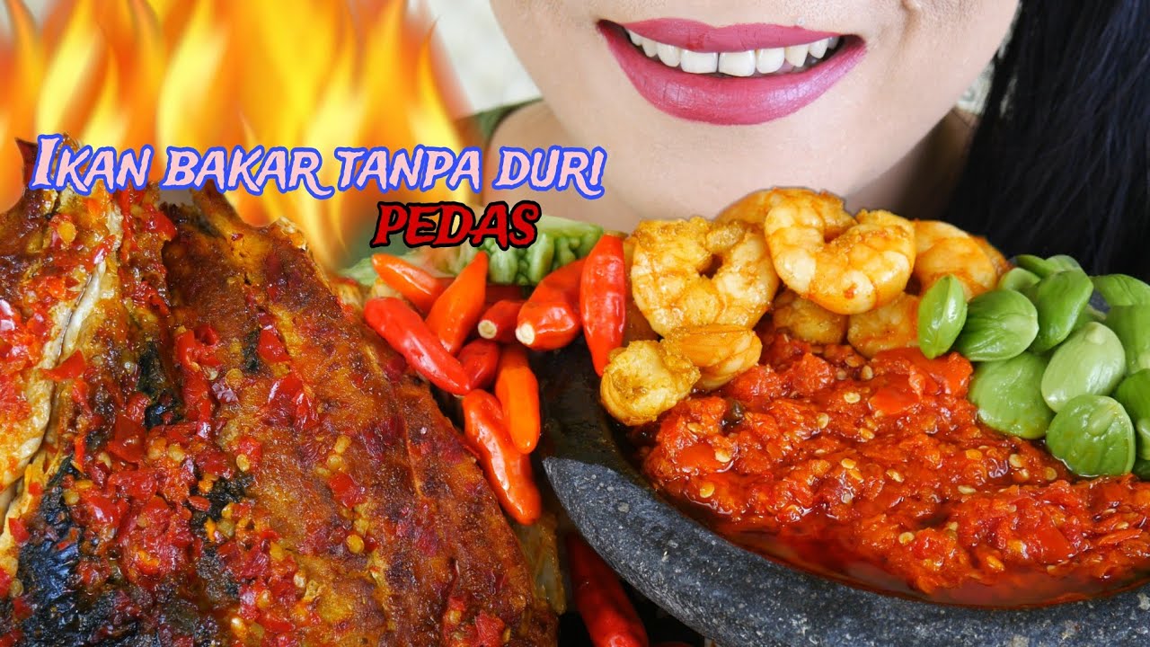 IKAN BAKAR PEDAS TANPA DURI, SAMBEL DADAK, UDANG GORENG DAN LALAPAN PETE, PARE | EATING SOUNDS