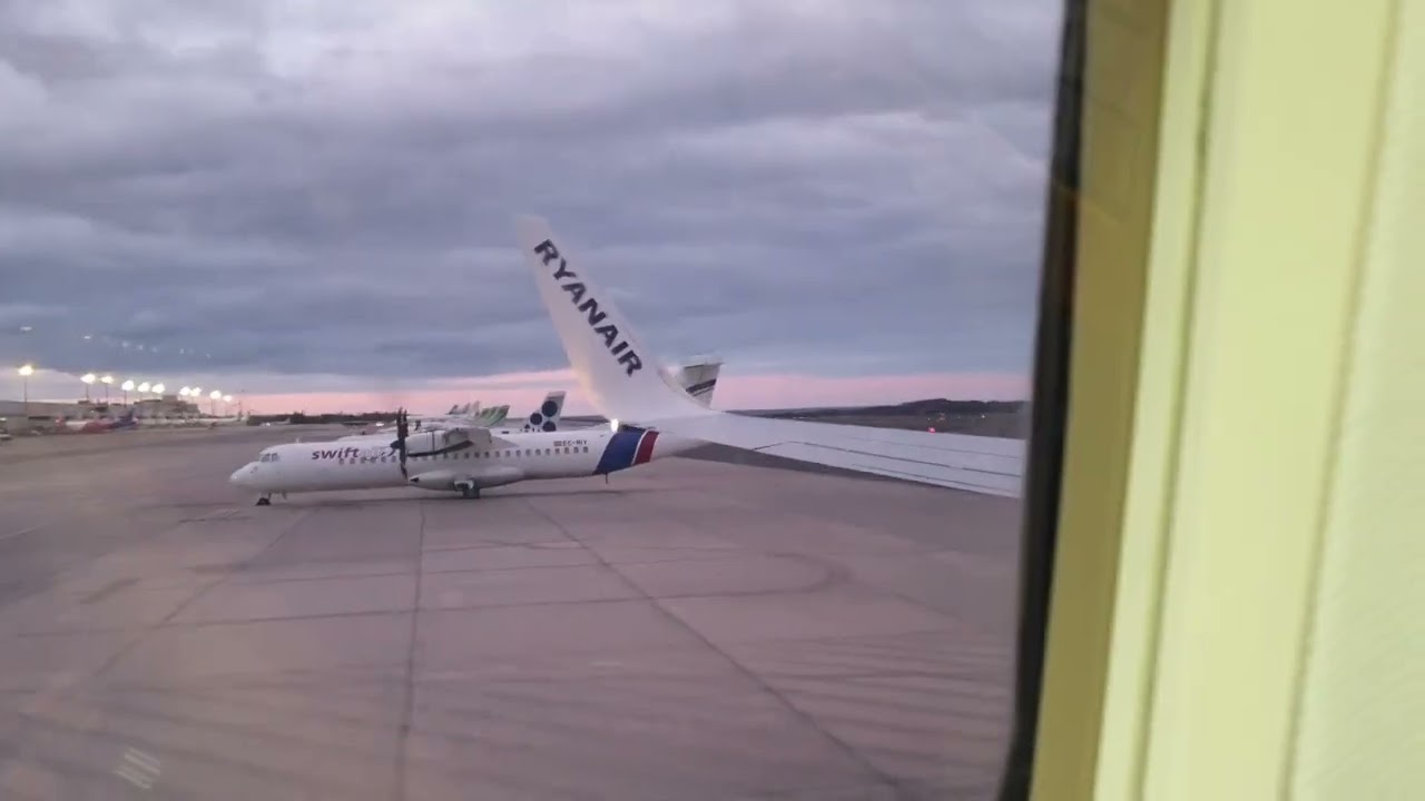Take off from Las Palmas Airport. Ryanair evening flight to Madrid. May 2022
