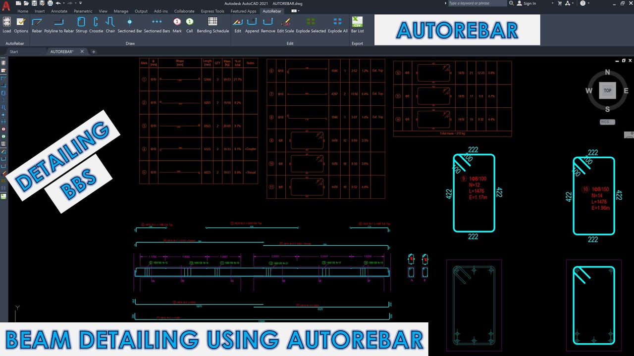 Детализация балок и спецификация гибки стержней | AutoRebar | Autocad 2021