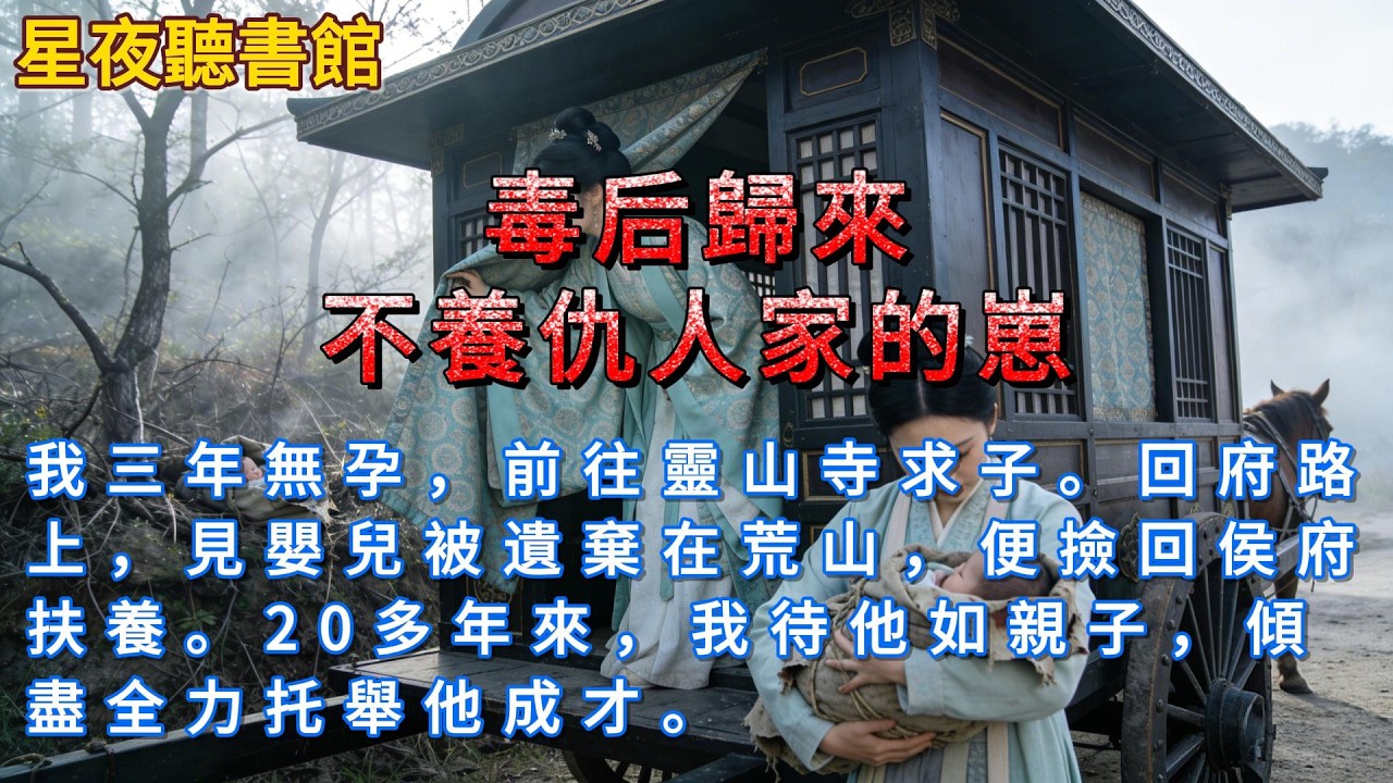 《毒后歸來：不養仇人家的崽》我三年無孕，前往靈山寺求子。回府路上，見嬰兒被遺棄在荒山，便撿回侯府扶養。20多年來，我待他如親子，傾盡全力托舉他成才。#一口氣看完 #爽文 #小說 #重生 #有聲書