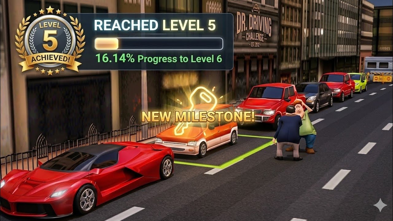 Reaching Level 5 with 16.14% Progress in Dr. Driving Game