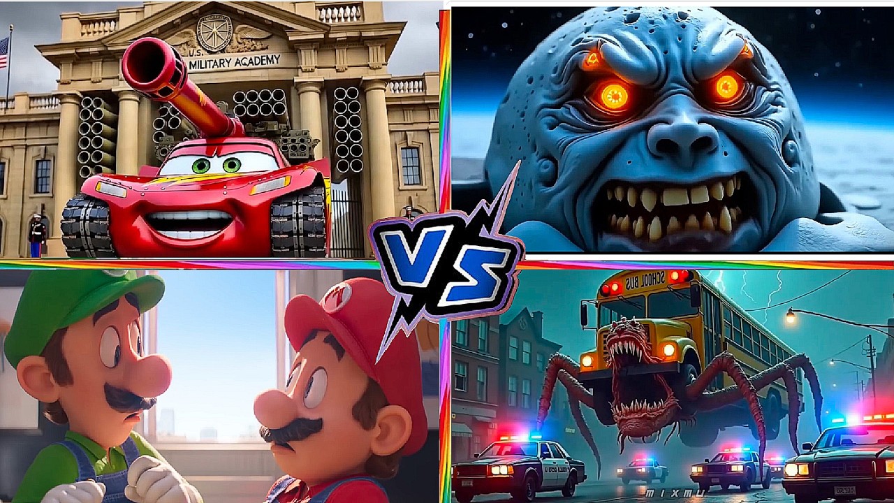 School Bus Monster VS McQueen Tank VS Super MARIO VS LUNAR MOON Tiles Hop EDM Rush 16
