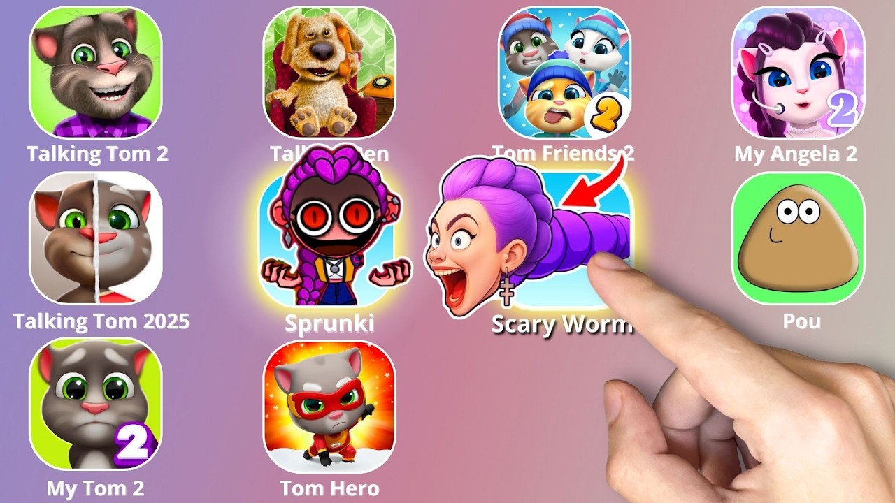 Talking Tom,KPop Demon Hunters,Roblox,Talking Ben,Sprunki,HUNGRY WORM,Talking Angela,Pou,Tom Friends